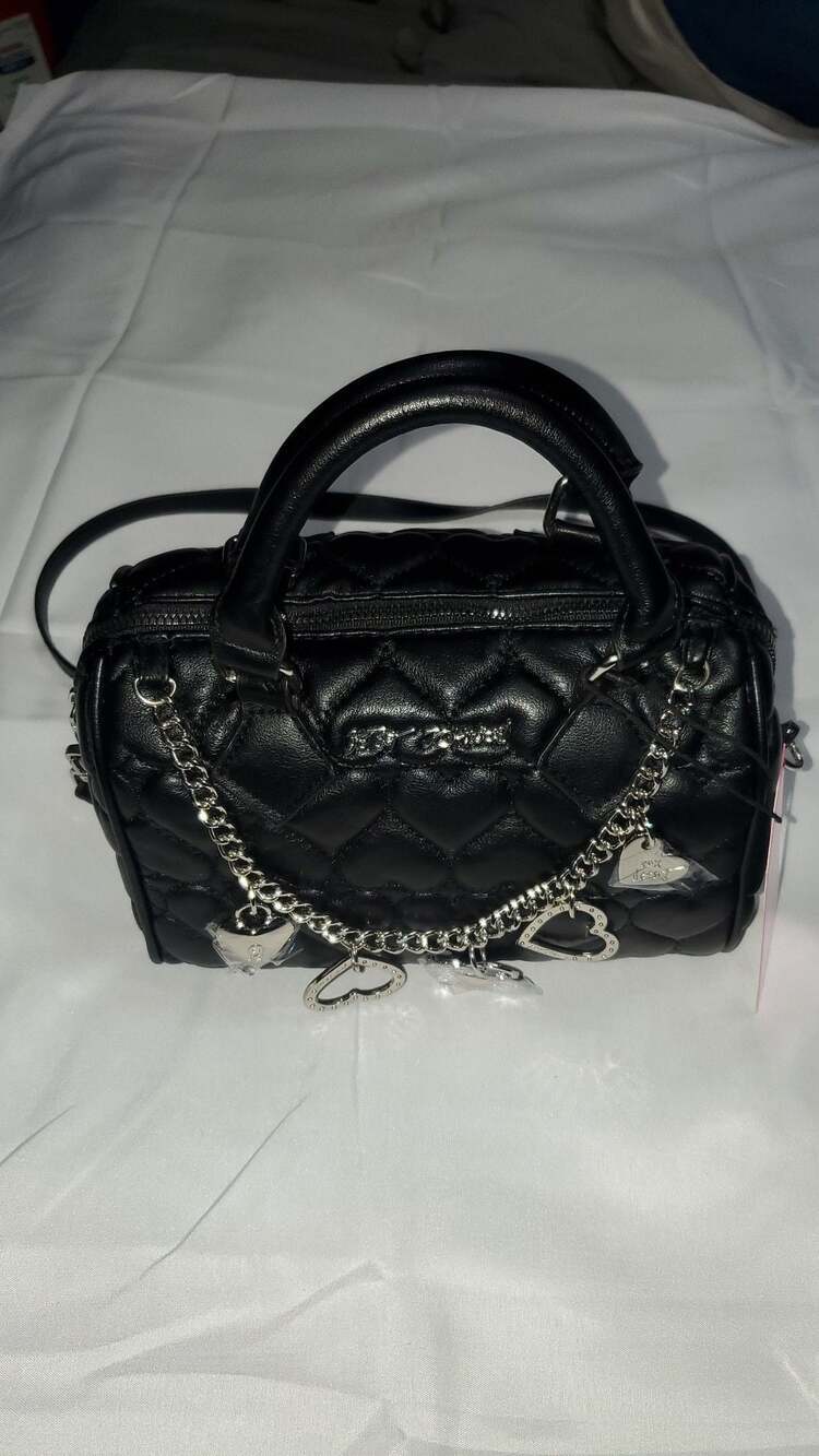 NWT Betsey Johnson Black Heart Quilted Satchel Crossbody Bag with Heart Charms